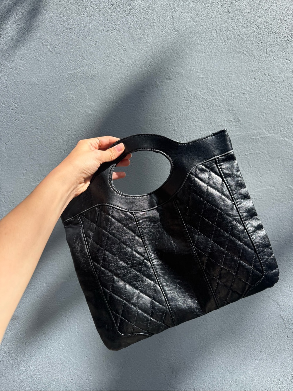 Bonita Black Quilted Oval-Handle Leather Tote